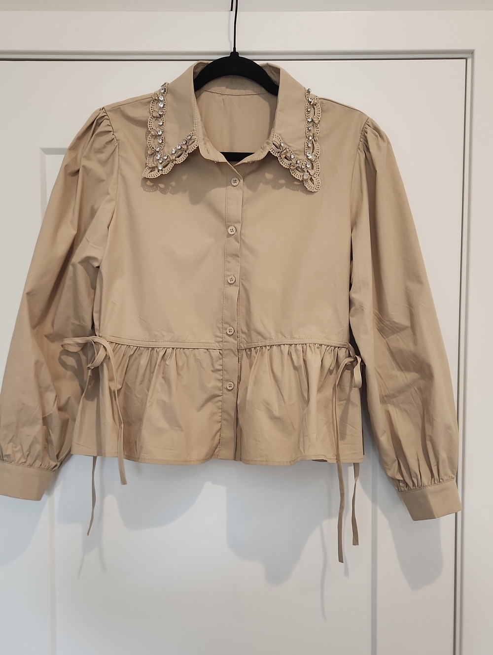 Beige Embellished Collar Peplum Jacket